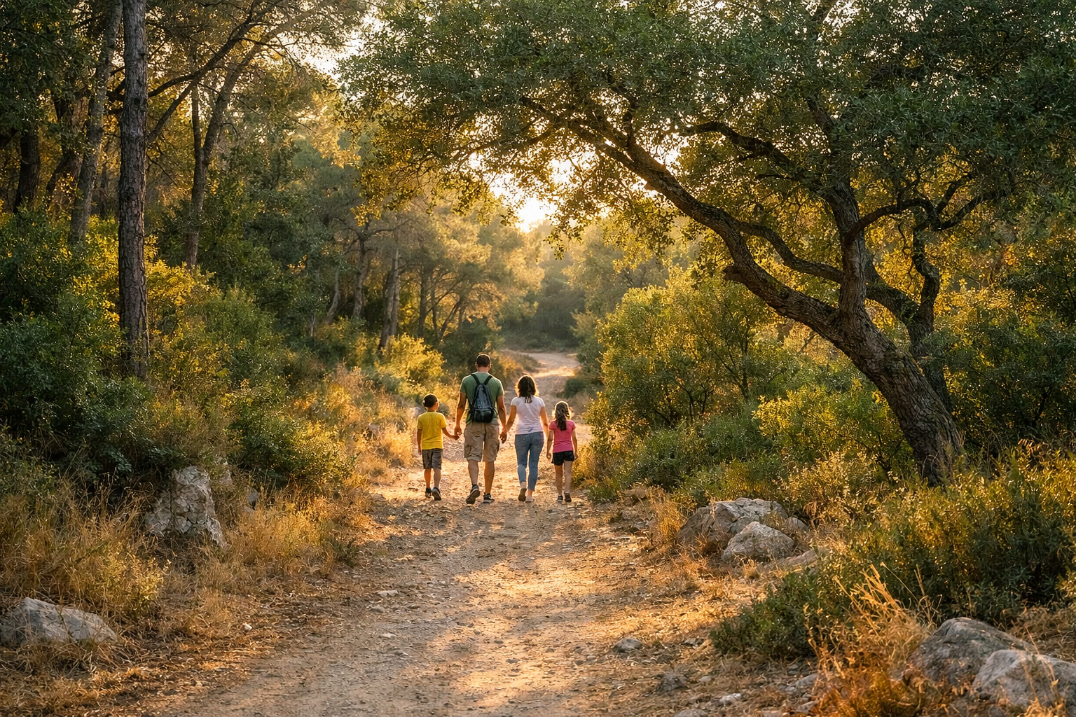 Familia caminando por un sendero en un entorno natural mediterráneo