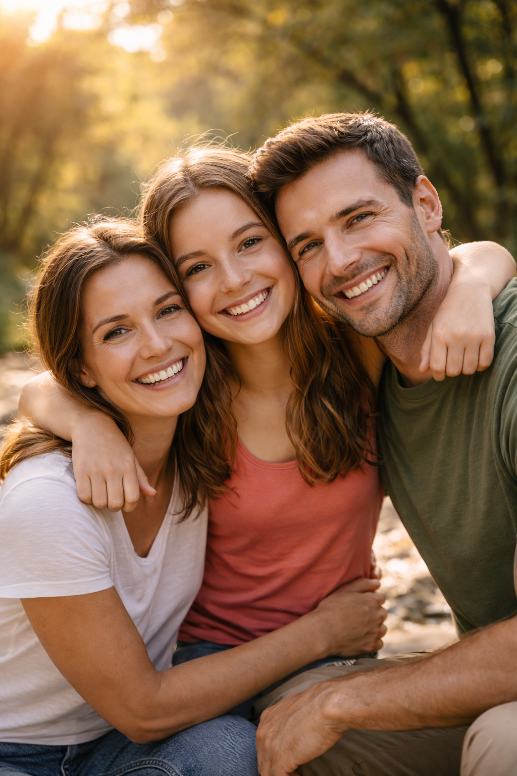 Familia unida y sonriente con hija adolescente tras una experiencia de Sendas Familiares